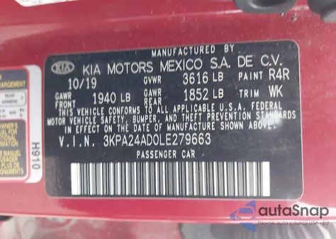 2020 Kia Rio S z USA, uszkodzony, nr VIN 3KPA24AD0LE279663